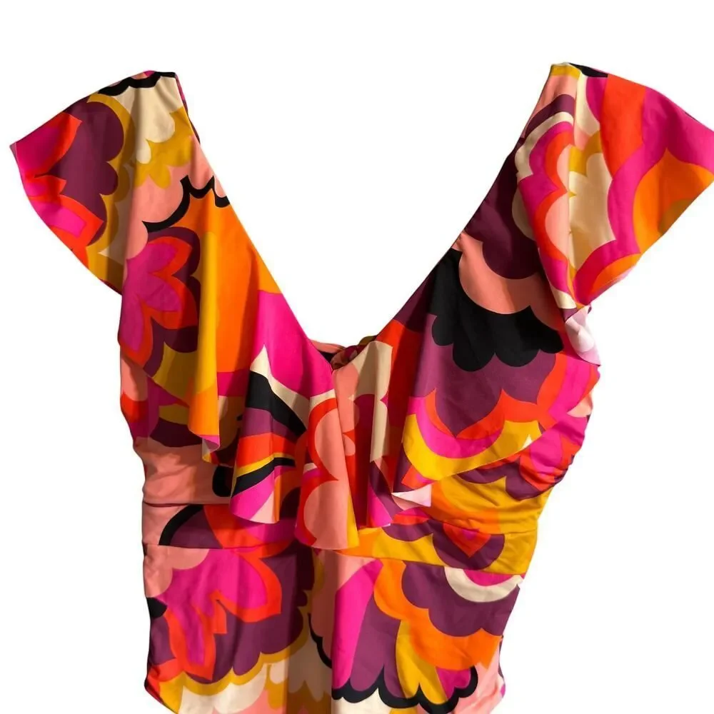 Trina Turk Fan Faire Ruffle Plunge One Piece Swimsuit NWOT Size 12